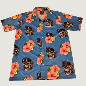 OAF Nation Mens XL Aloha Tactical Skull NVG Hibiscus Blue Button Up Shirt